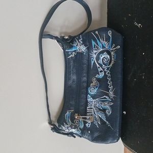 Hand painted blue leather purse. OOAK